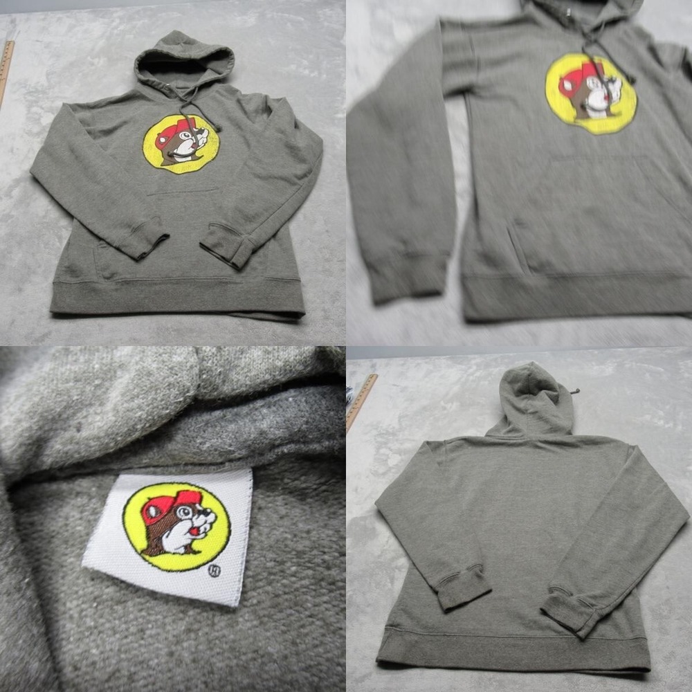 Buc-ee's Hoodie Women Small Gray Graphic Pullover Sweatshirt Casual Comfy Fleece